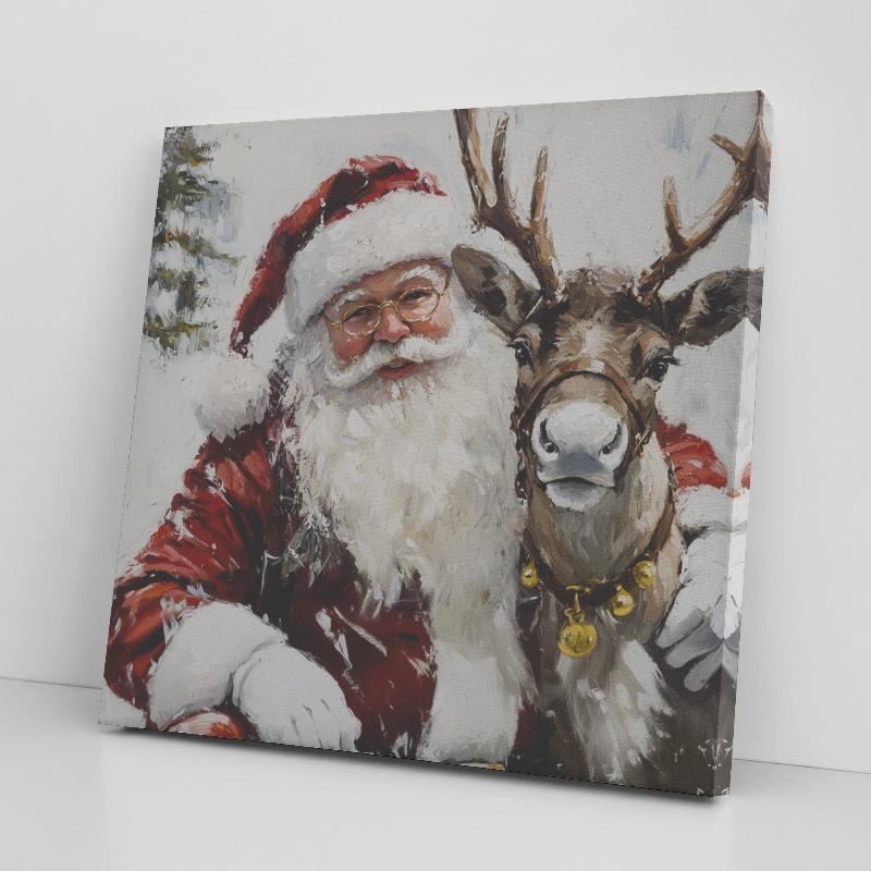 santa canvas print hugging a reindeer with snowy background