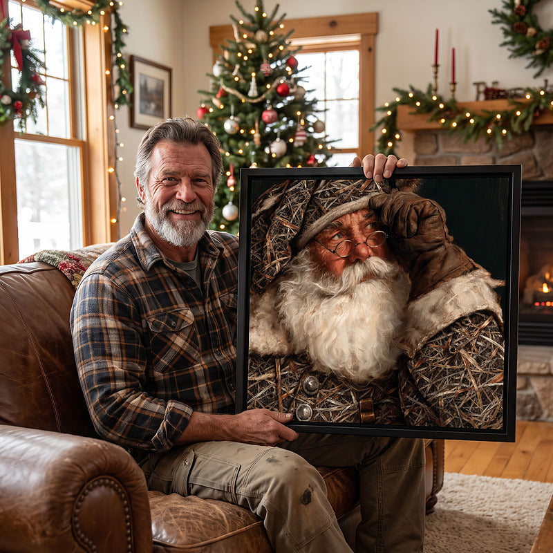 A man holding the framed Camo Santa canvas as a Christmas gift, with a lit tree and fireplace behind him