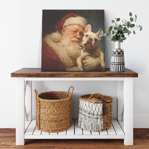 santa claus with a french bulldog canvs