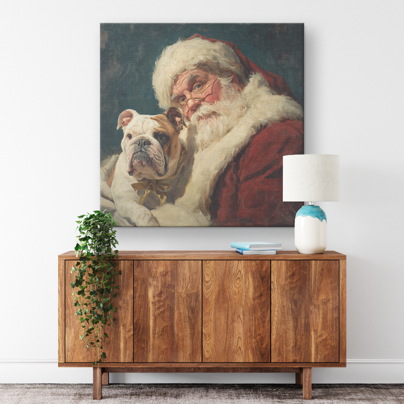 santa claus art print with bulldog