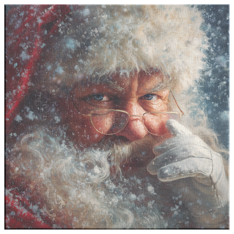 Santa clause art close up of santa looking at the camera with his glasses being pushed up