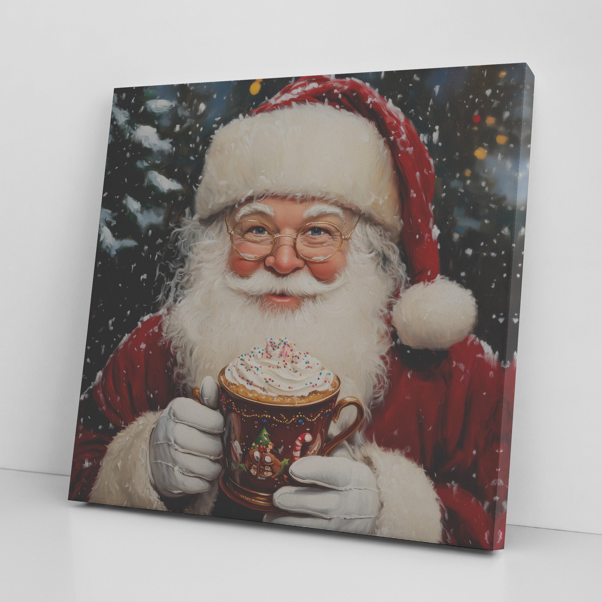 santa clause looking at camera drinking hot chocolate