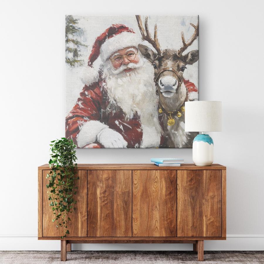 santa decor canvas with reindeer with snowy backgroud