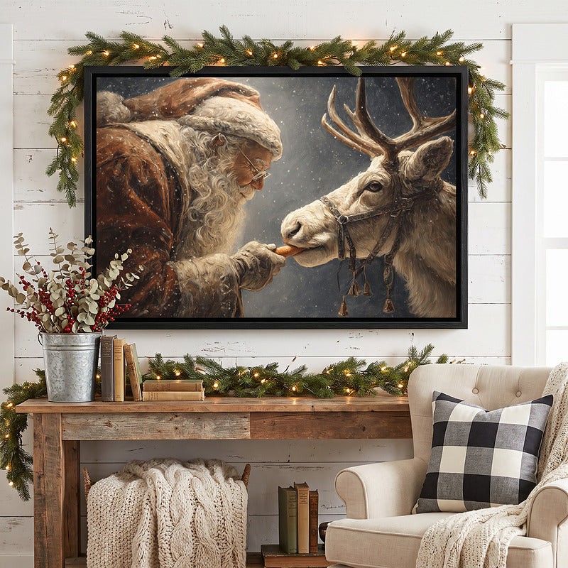 Santa and reindeer canvas in a black frame on shiplap above a rustic console, with lit garland and a check cushion