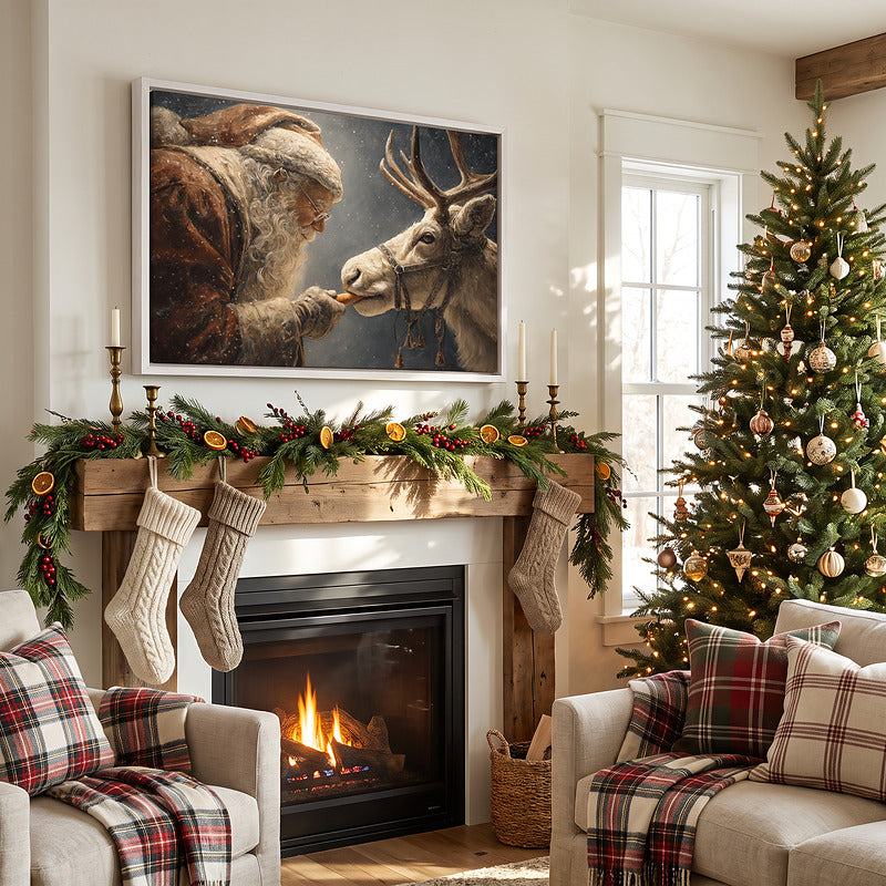 Santa and reindeer canvas in a white frame above a lit fireplace with knit stockings, orange slice garland and a tree