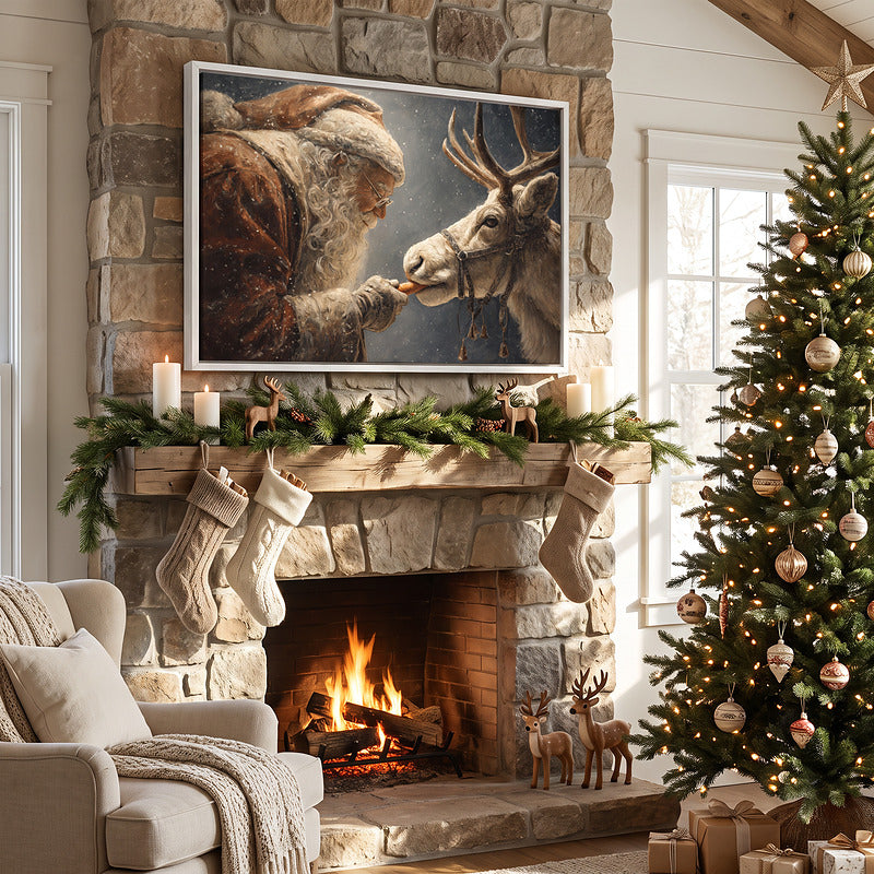 Santa and reindeer canvas in a white frame on a stone fireplace with knit stockings, candles and a lit fire below
