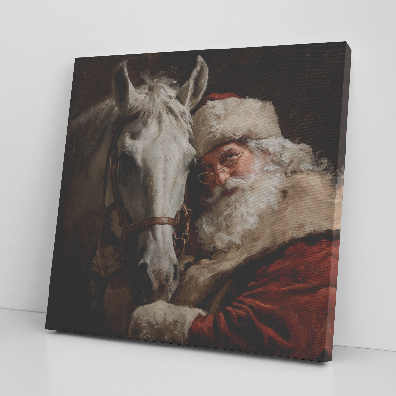 Santa holding a White Horse’s bridle—heirloom Santa Art