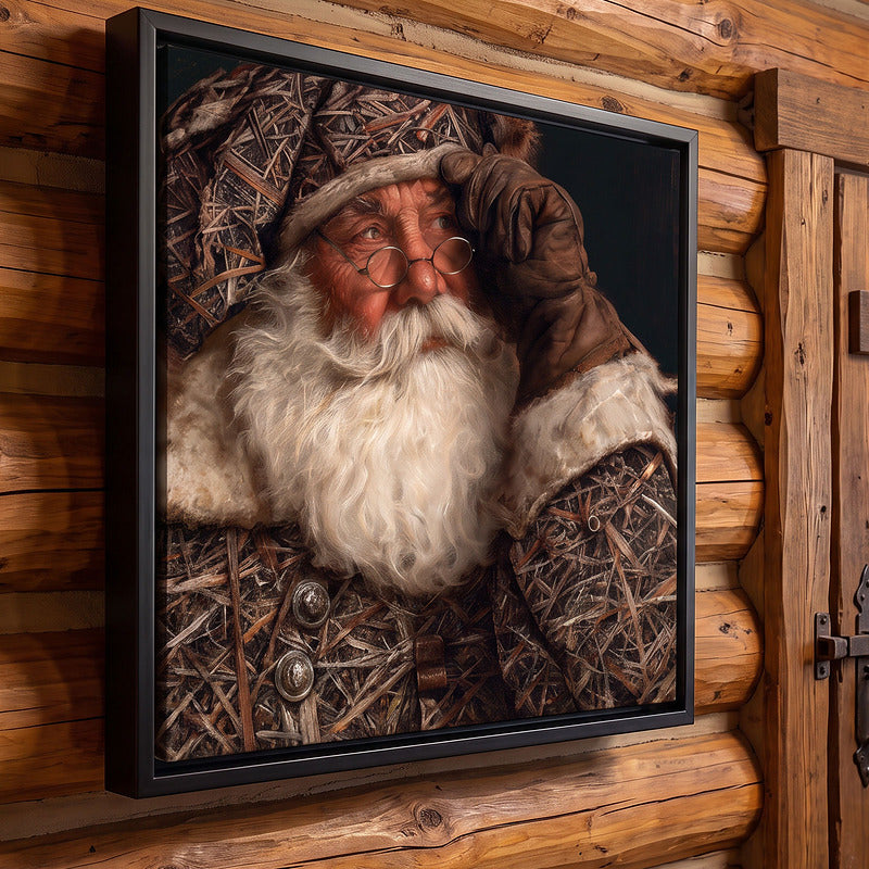 Camo Santa on canvas seen at an angle, showing the depth of the black float frame against a log wall