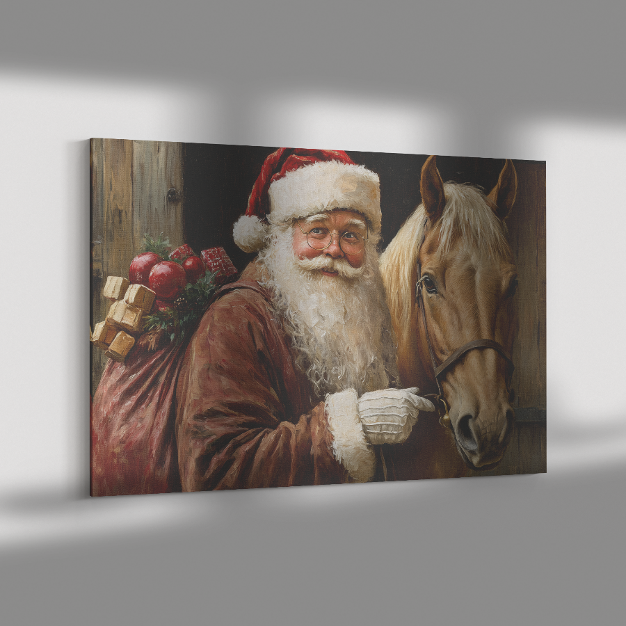 santa art christmas horse in the stable with santa holding the reins.