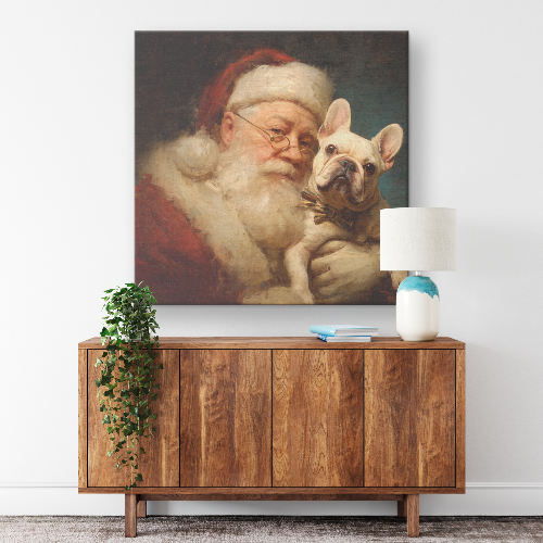 Santa with French Bulldog, classic santa art