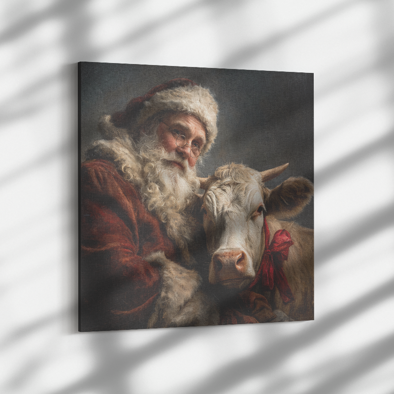 Santa Pet Art: vintage portrait of Santa with cow