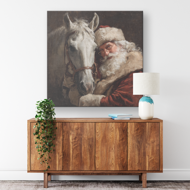 Santa Pet Art: vintage portrait of Santa with White Horse
