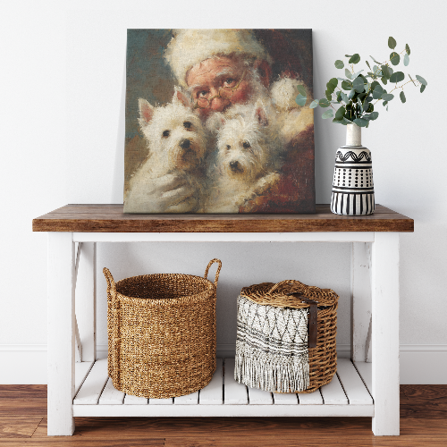 Santa pet portraits with two west highlanders, westies.