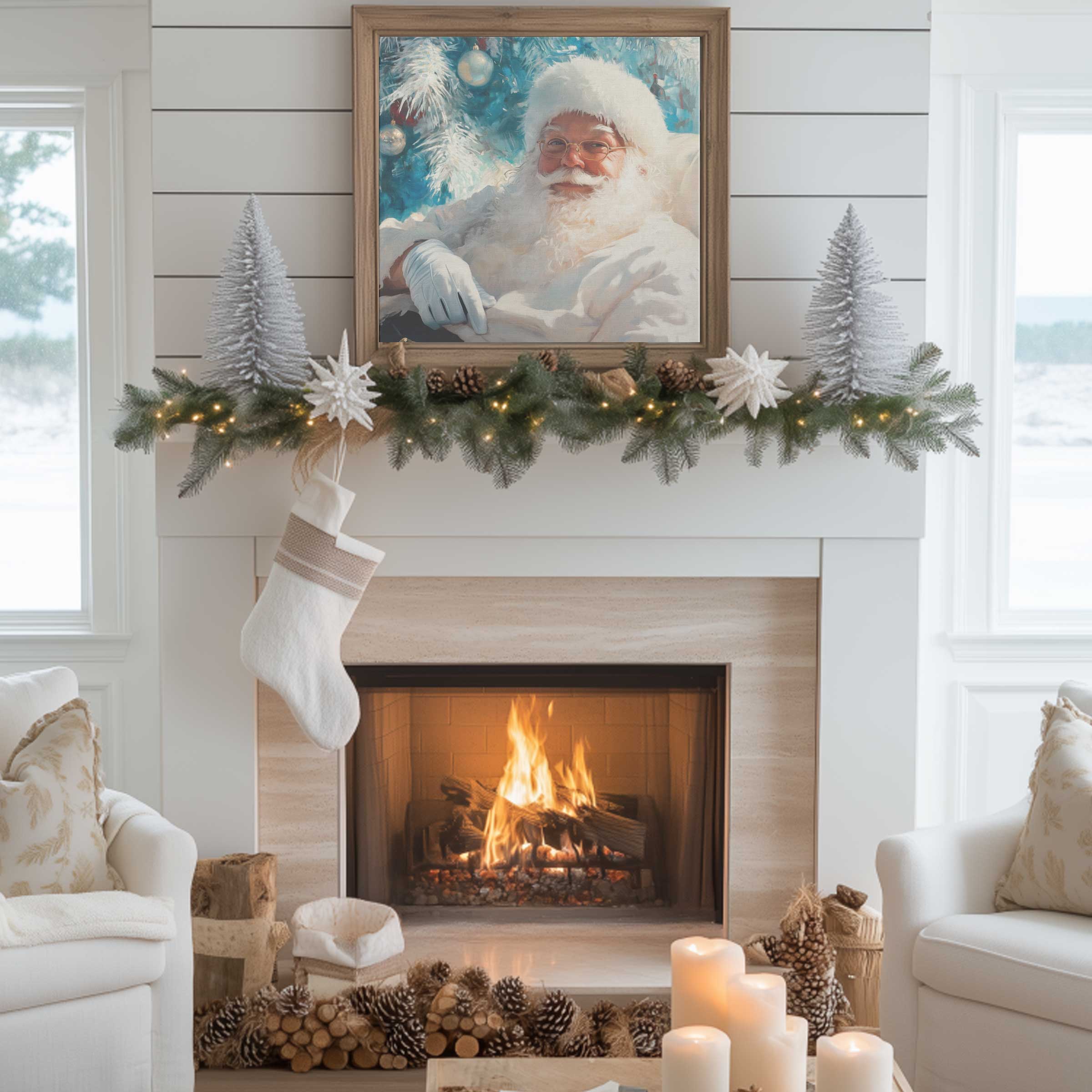 santa print coastal art on mantel with stockings and fire.