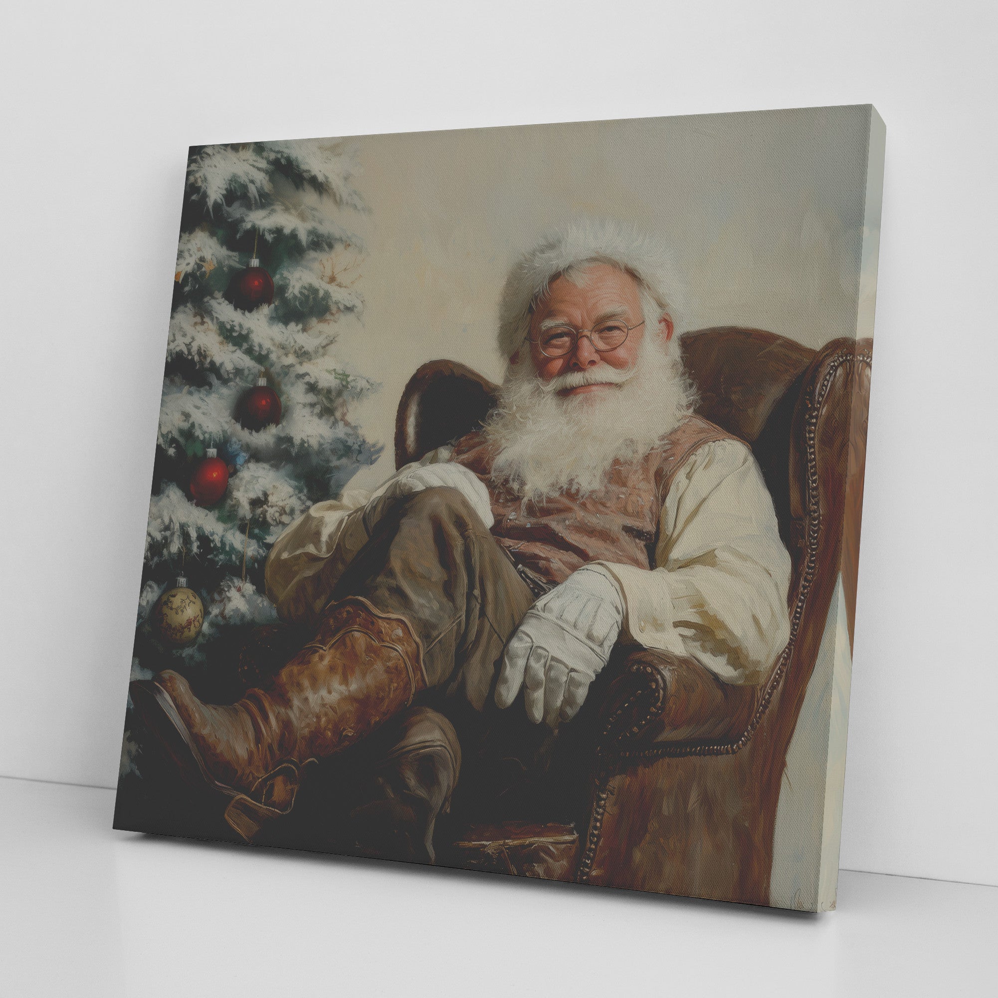 santa print cowboy sitting in the chair