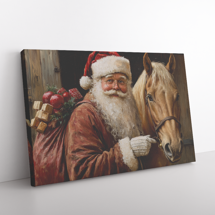 santa print christmas horse in the stable with santa holding the reins.