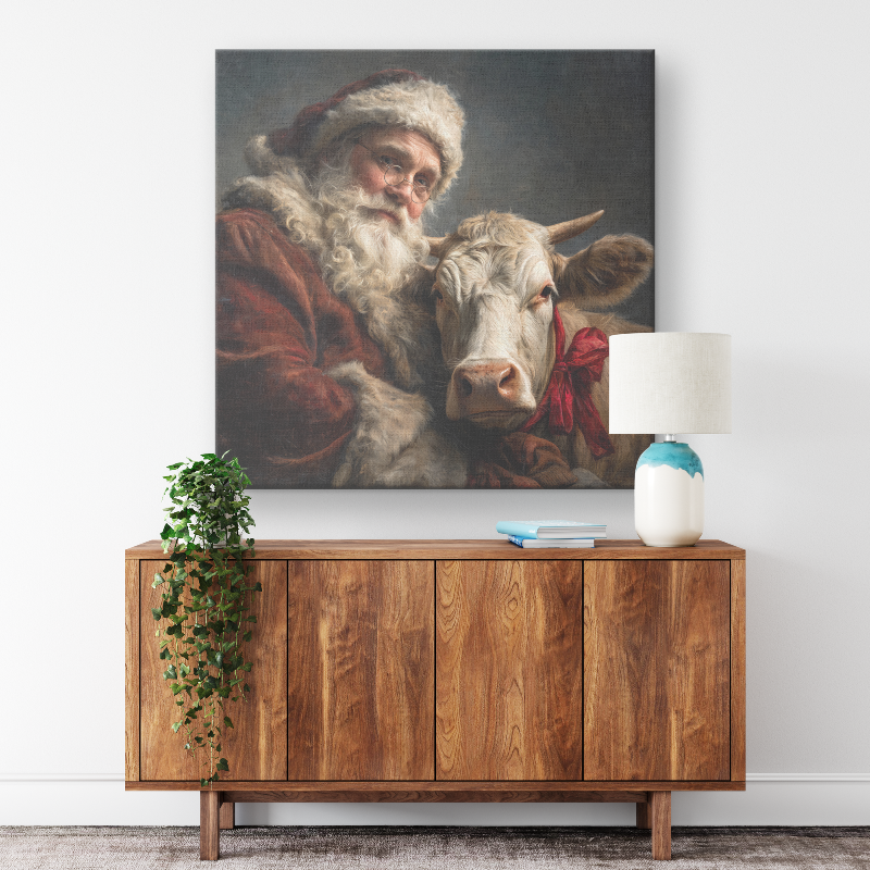 Santa prints with santa and cow canvas