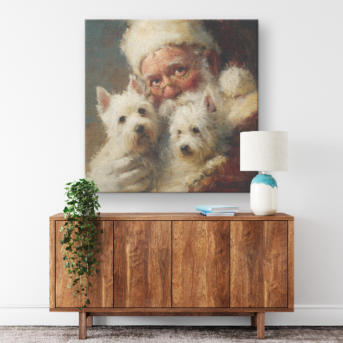 santa prints with two west highlander westies.