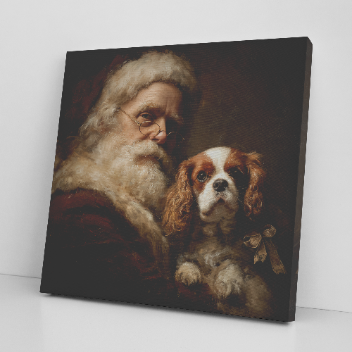 santa with cavalier king charles spaniel canvas print