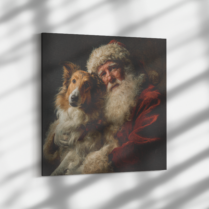 Santa with dogs holding a rough collie on canvas.