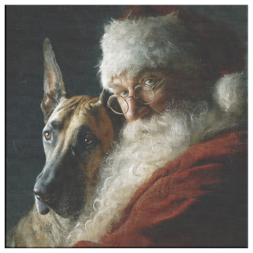 Vintage Santa holding a Great Dane—canvas portrait