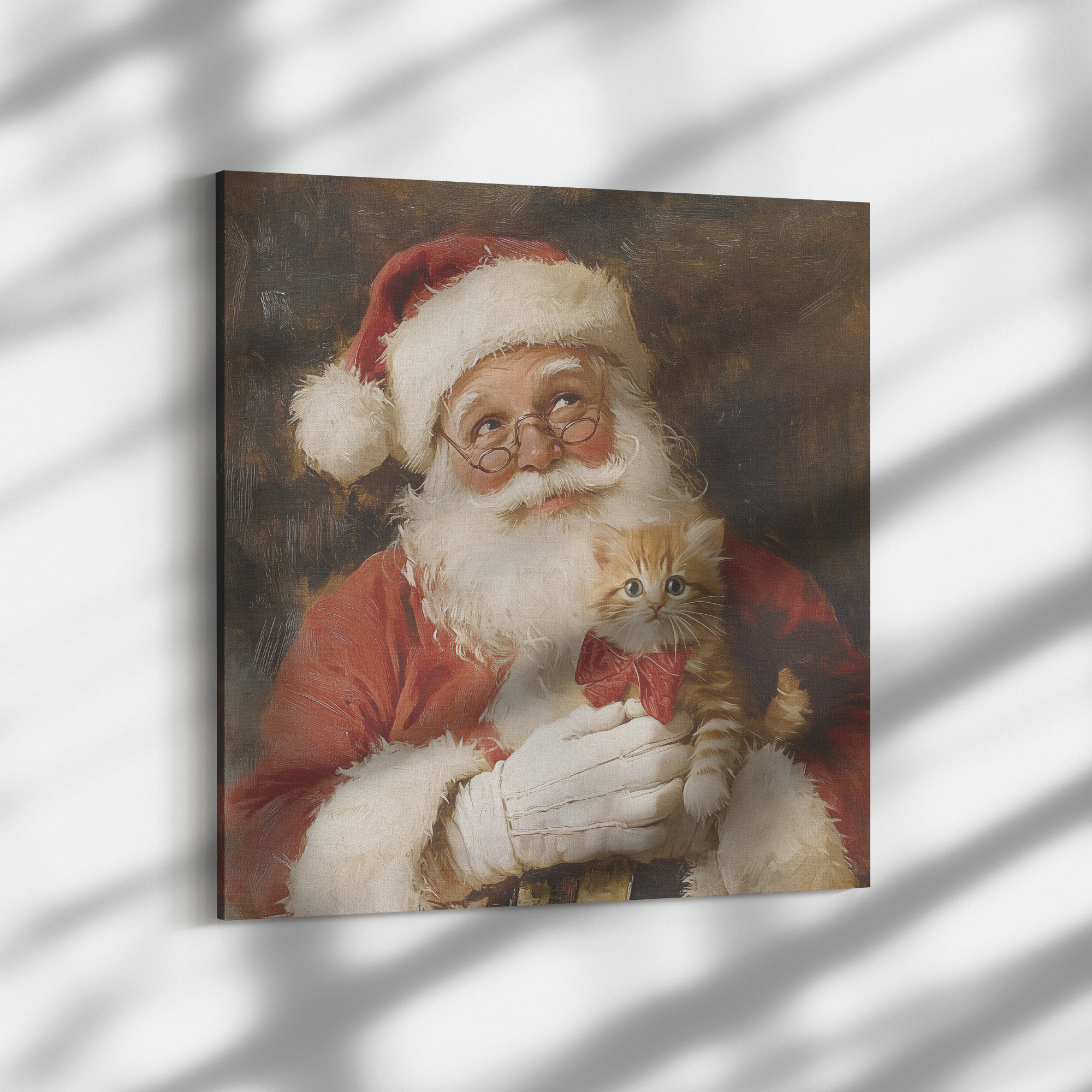 Santa with kitten christmas wall art on canvas