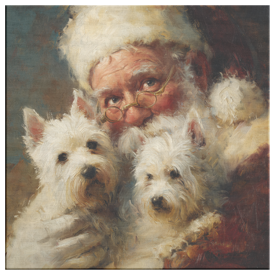 Vintage Santa holding a two Westie—canvas portrait