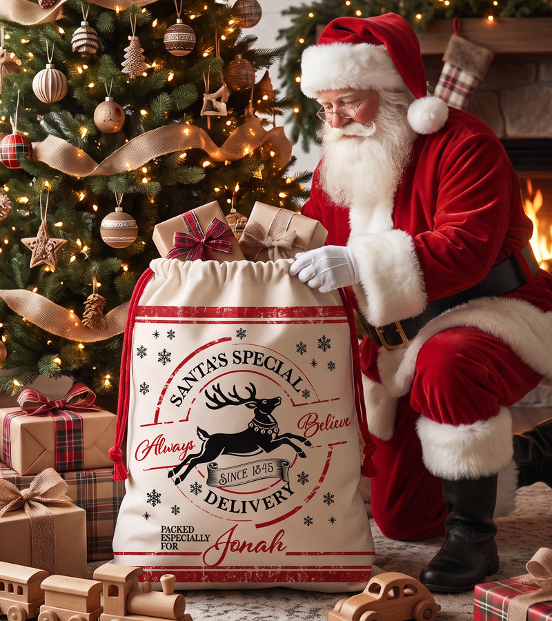 Santa's Special Delivery gift sack in cream canvas with a red drawstring and a black leaping reindeer