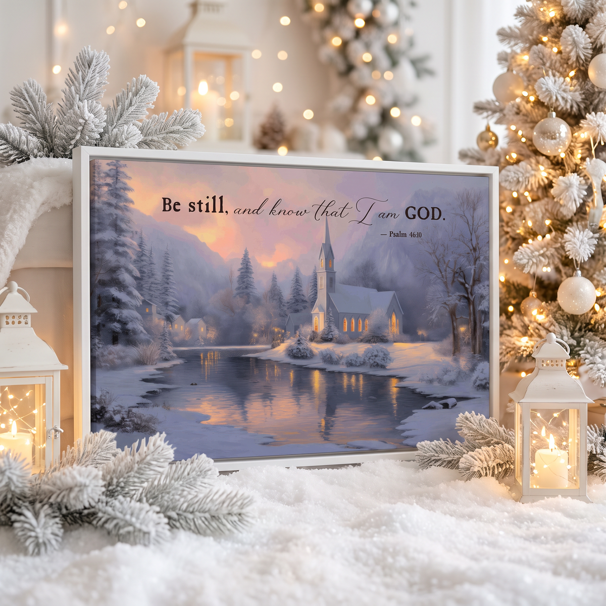 Be still and know that I am God scripture canvas in a white frame on snow with lanterns and flocked pine