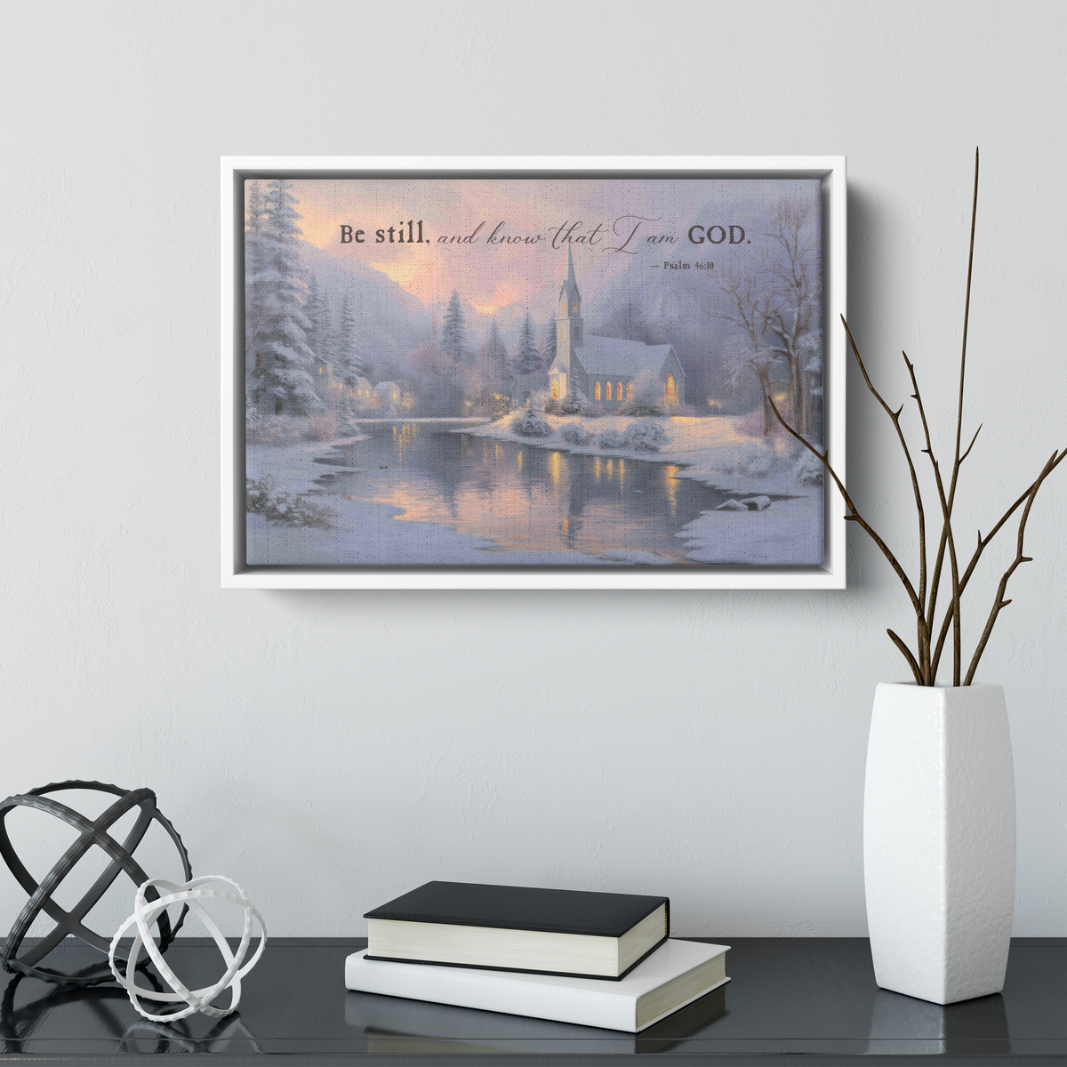 Psalm 46:10 scripture canvas shown at a smaller size on a wall