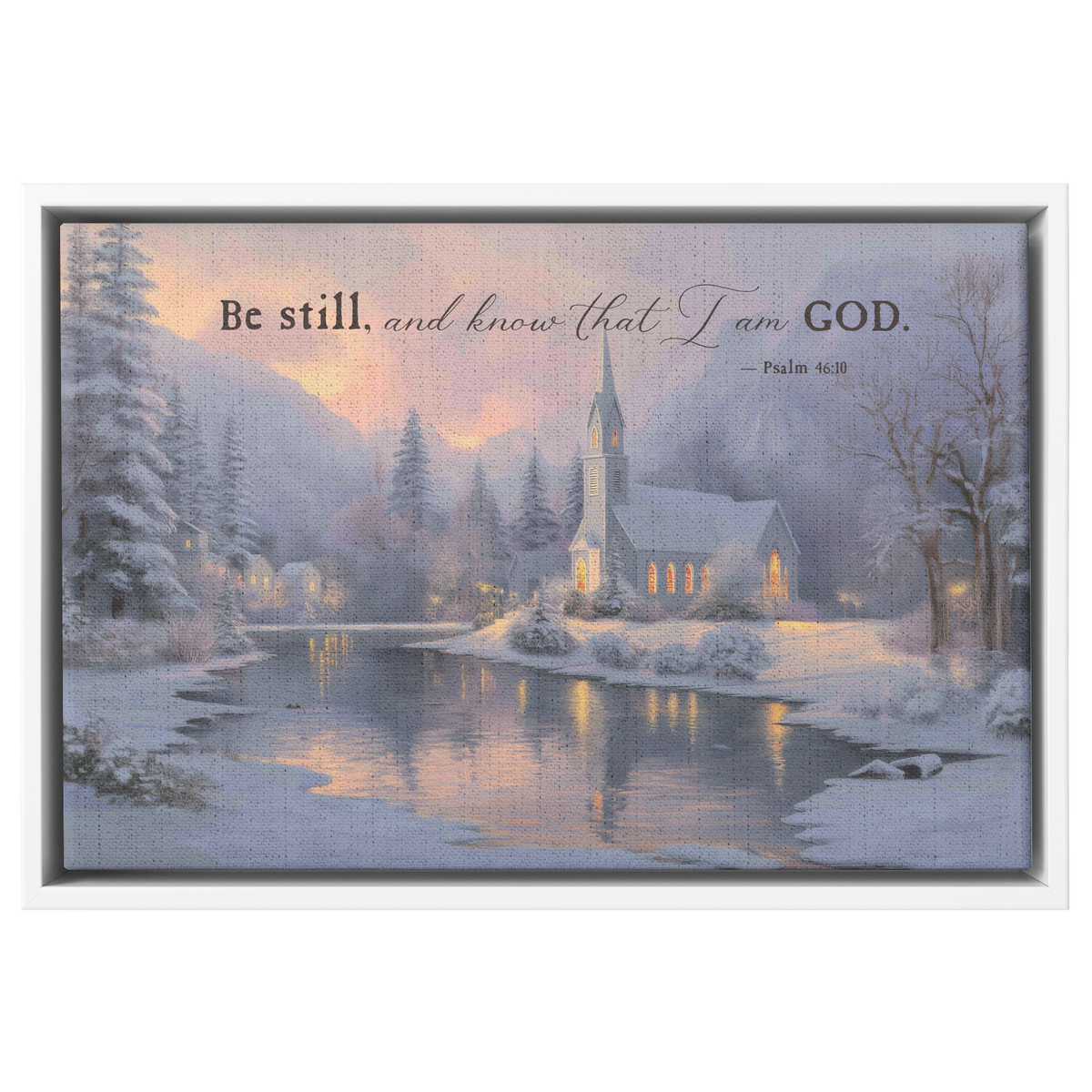 Be still and know that I am God scripture canvas shown in the white frame option