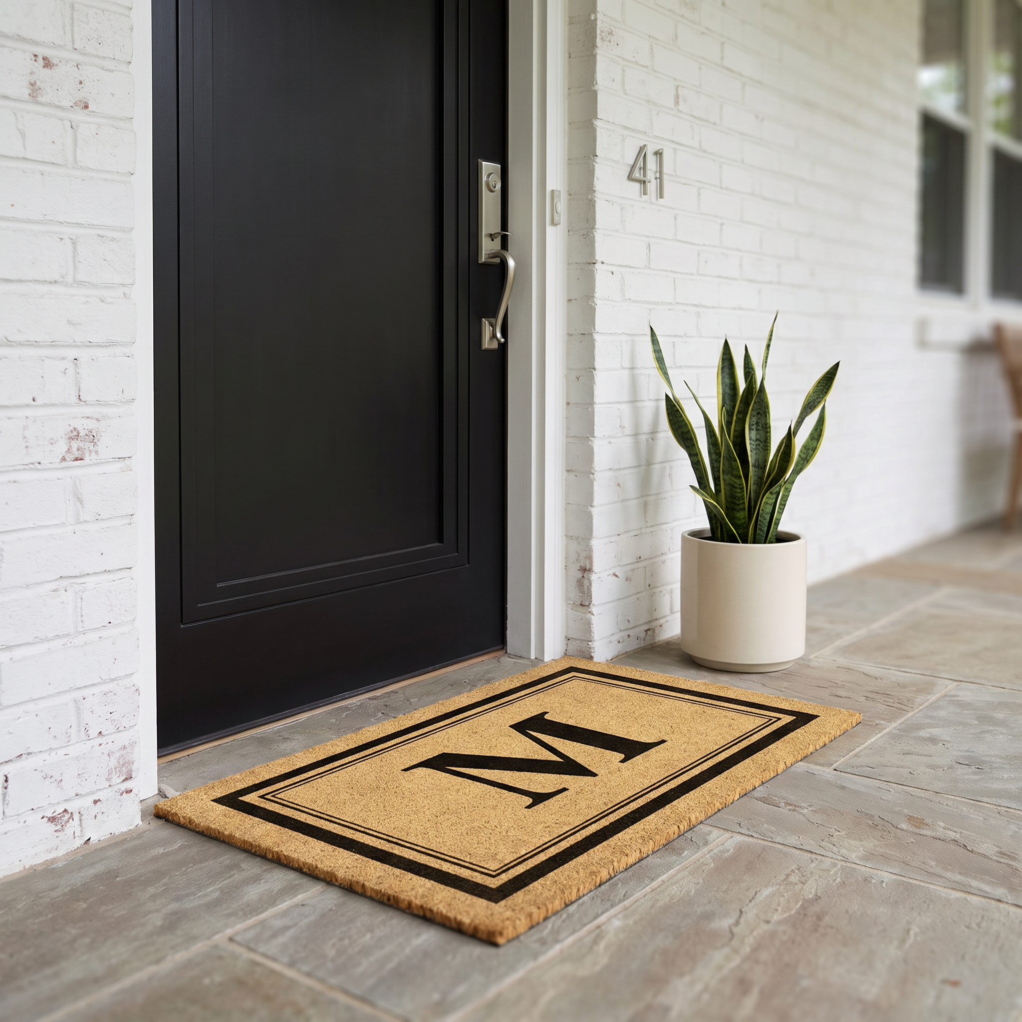 Single letter coir welcome mat with M at a black front door on a white brick porch with a snake plant
