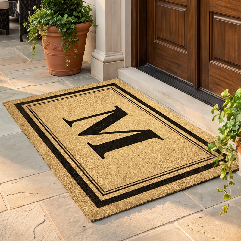 Single letter doormat with M in black on coir, angled at a wood door beside a terracotta ivy planter
