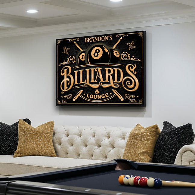 snooker room decor of a billiard sign with balls name and pool sticks in gold