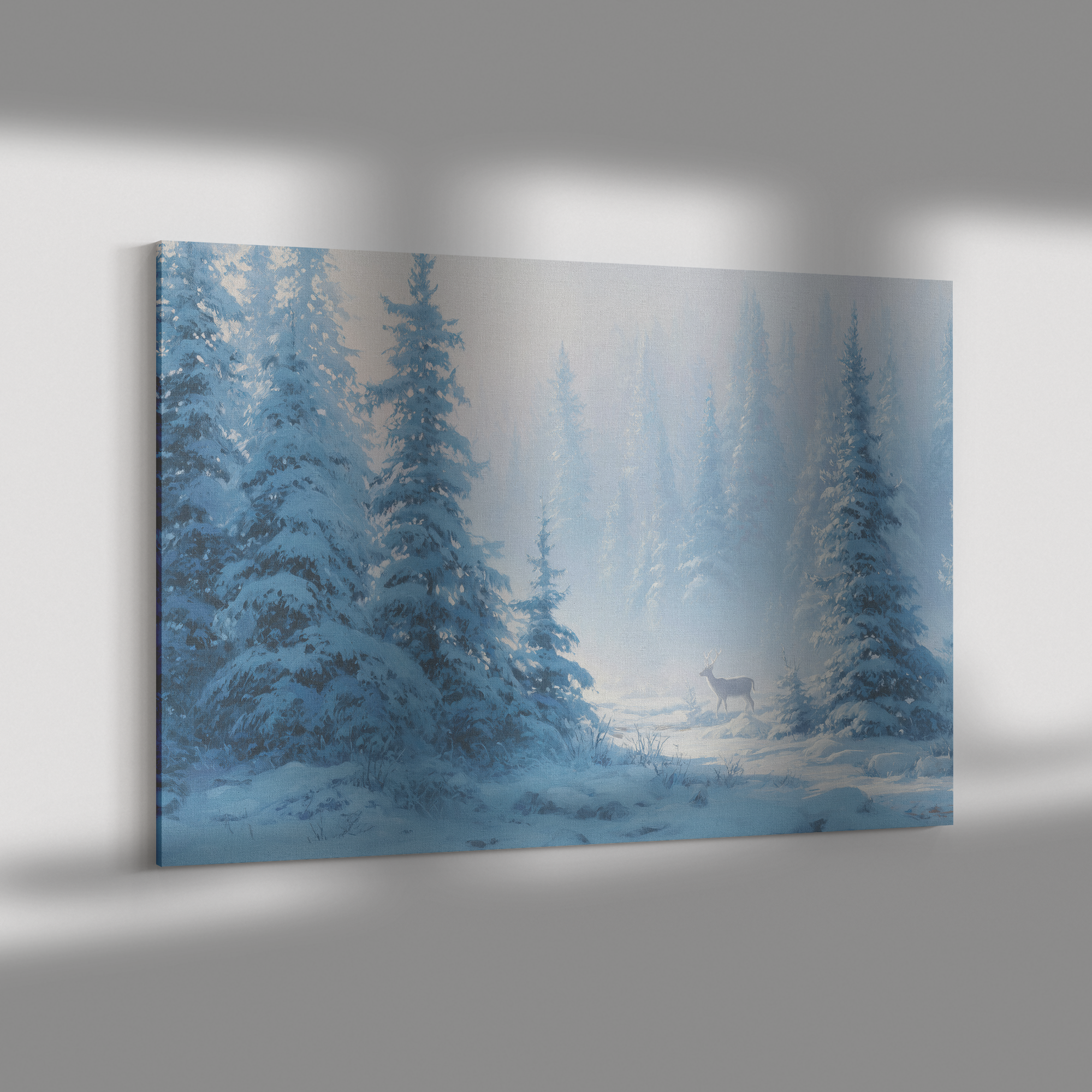 snow covered pines christmas decor winter scene of a deer in a pine forest