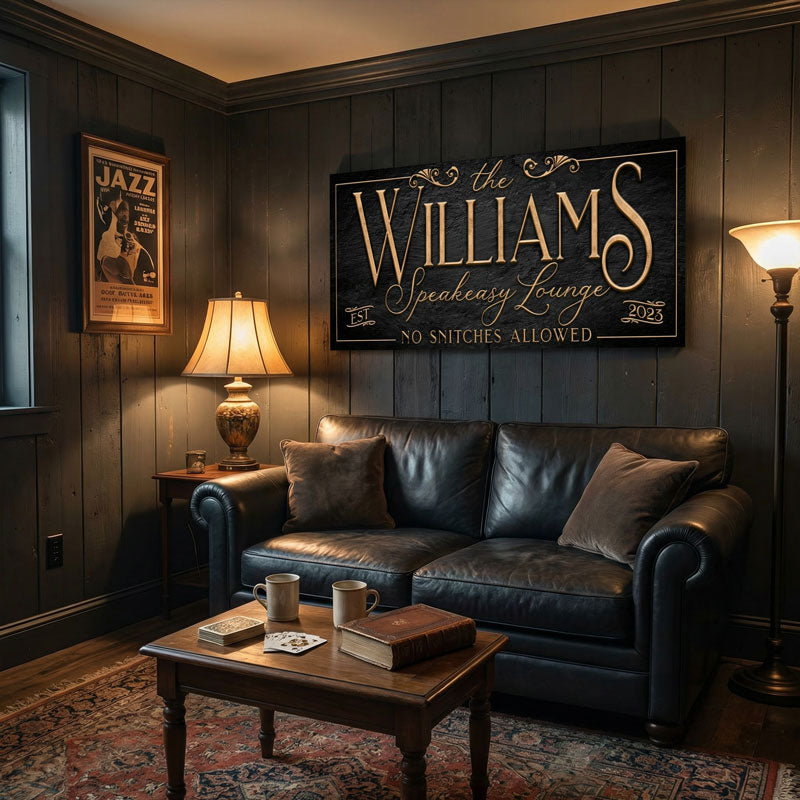 speakeasy bar decor with cozy lounge with leather sofa, coffee table, and 'the Williams Speakeasy Lounge' sign.