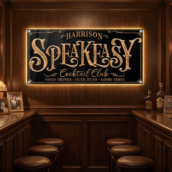 Speakeasy bar sign & cocktail club sign in a dimly lit bar with wooden walls and stools.