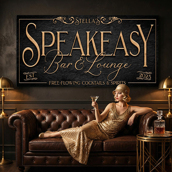 Woman in a gold dress sitting on a brown leather couch with a 'Speakeasy Bar & Lounge' sign above.