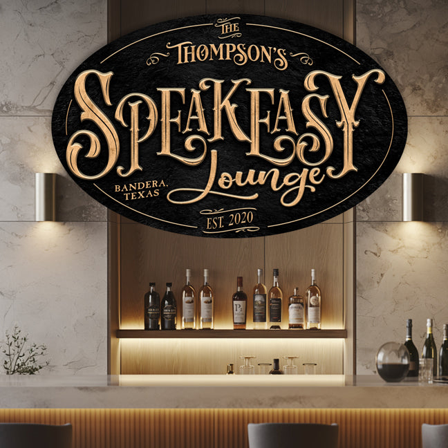Speakeasy bar Sign in gold letters on a textured black background in the shape of an oval - family name and est. date