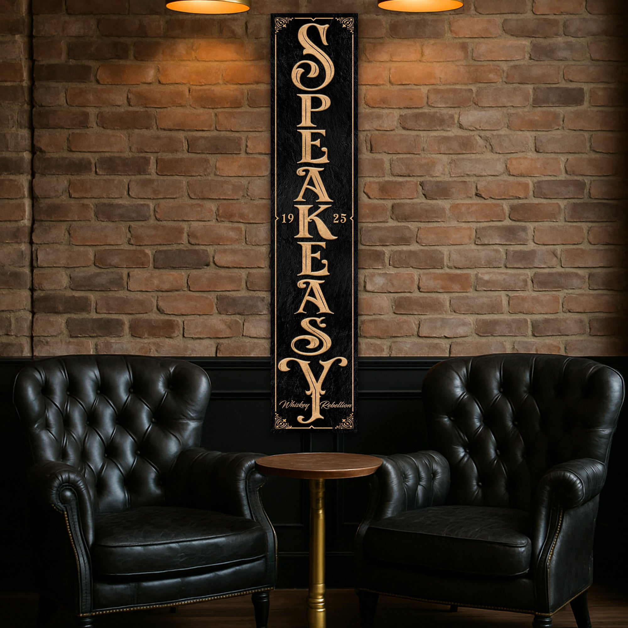 speakeasy bar sign on a brick wall with two black chairs.
