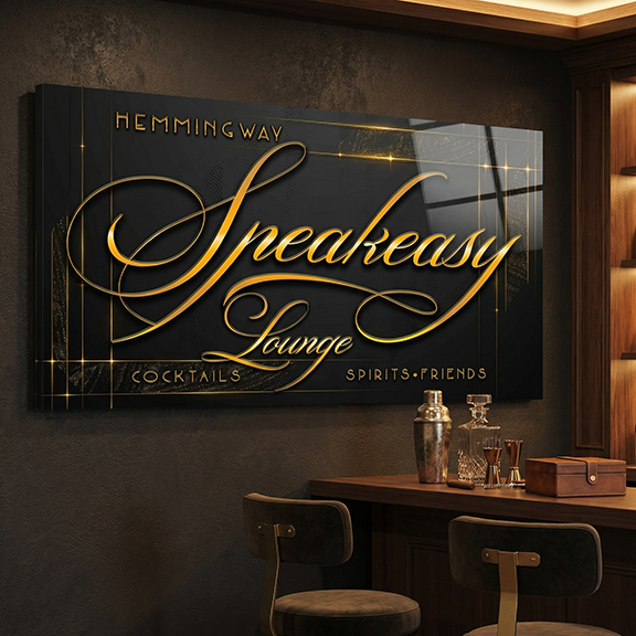 Decorative sign for 'Speakeasy Lounge' with cocktail shakers and a box on a bar counter.