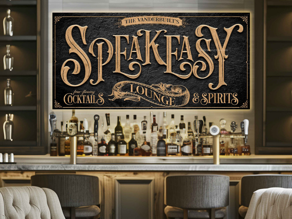 speakeasy decor for a modern bar in black textured letters with a black background