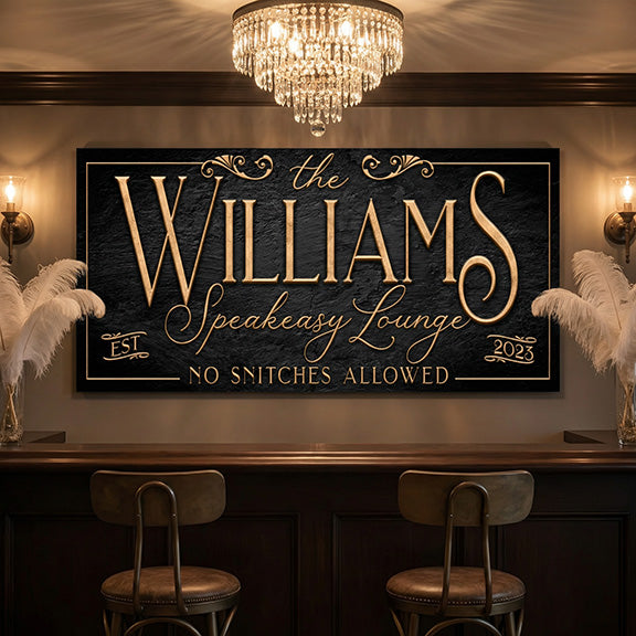speakeasy lounge sign for 'The Williams Speakeasy Lounge' with feathers and chandelier in the background.