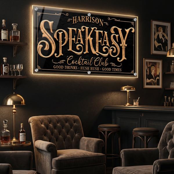 speakeasy lounge sign backlit in masculine basement bar.