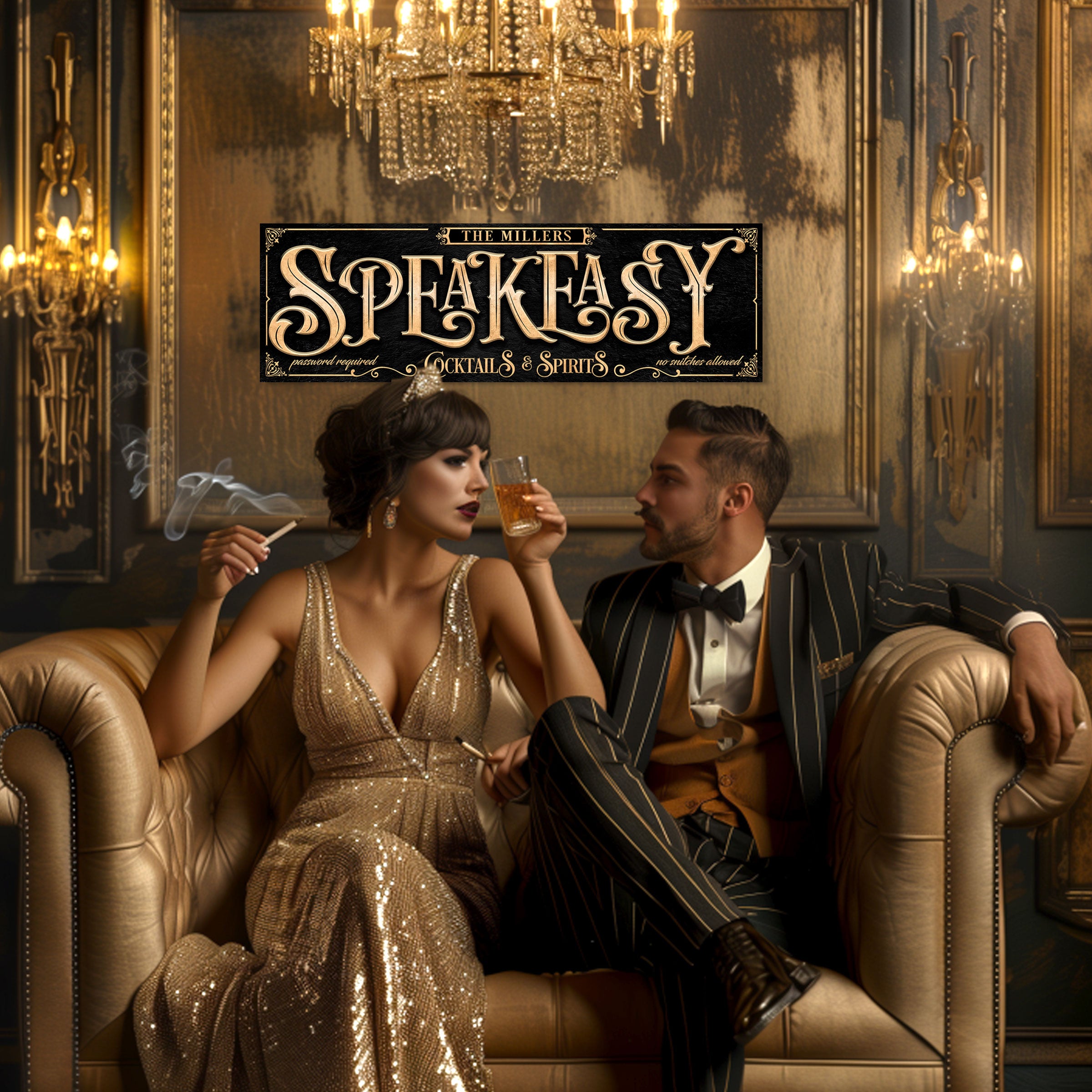 speakeasy sign 1920s scene with woman and man on lounge chair drinking