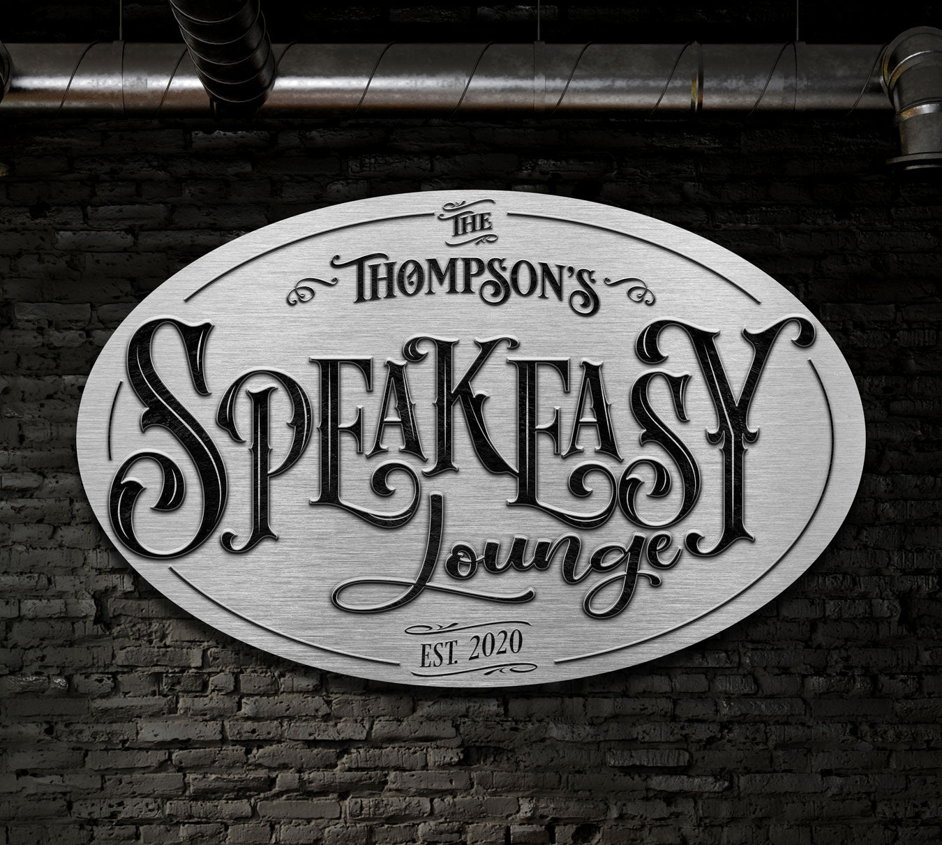 speakeasy sign in on silver background with black letters that say (name) speakeasy Lounge