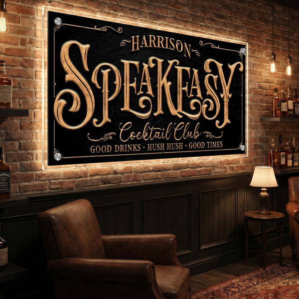 Decorative speakeasy sign for 'Harrison bar in a bar setting with brick walls and leather chairs.
