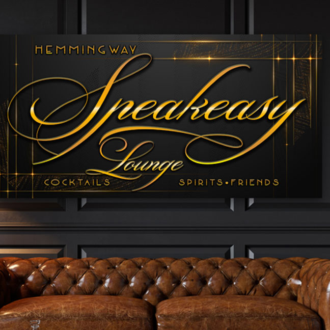 speakeasy sign decor on black with gold sparkles and personalized with name.