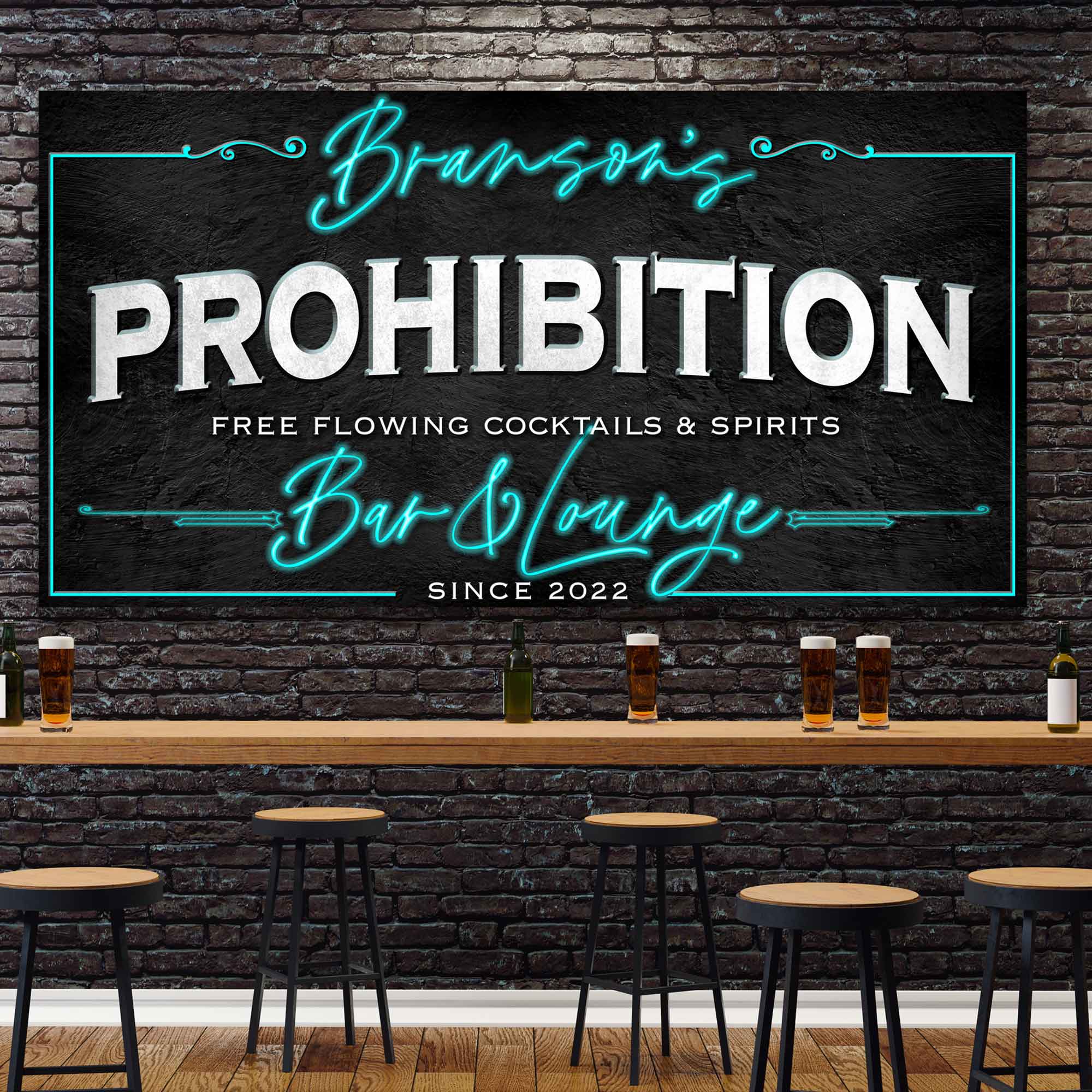 Prohibition Speakeasy Sign, on black stone with faux neon lights personalized for any bar or modern farmhouse decor