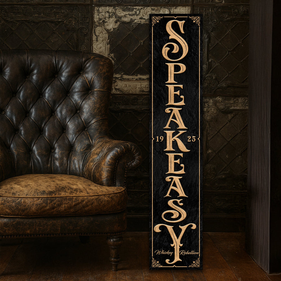 Speakeasy Sign with chair and old tin wall.